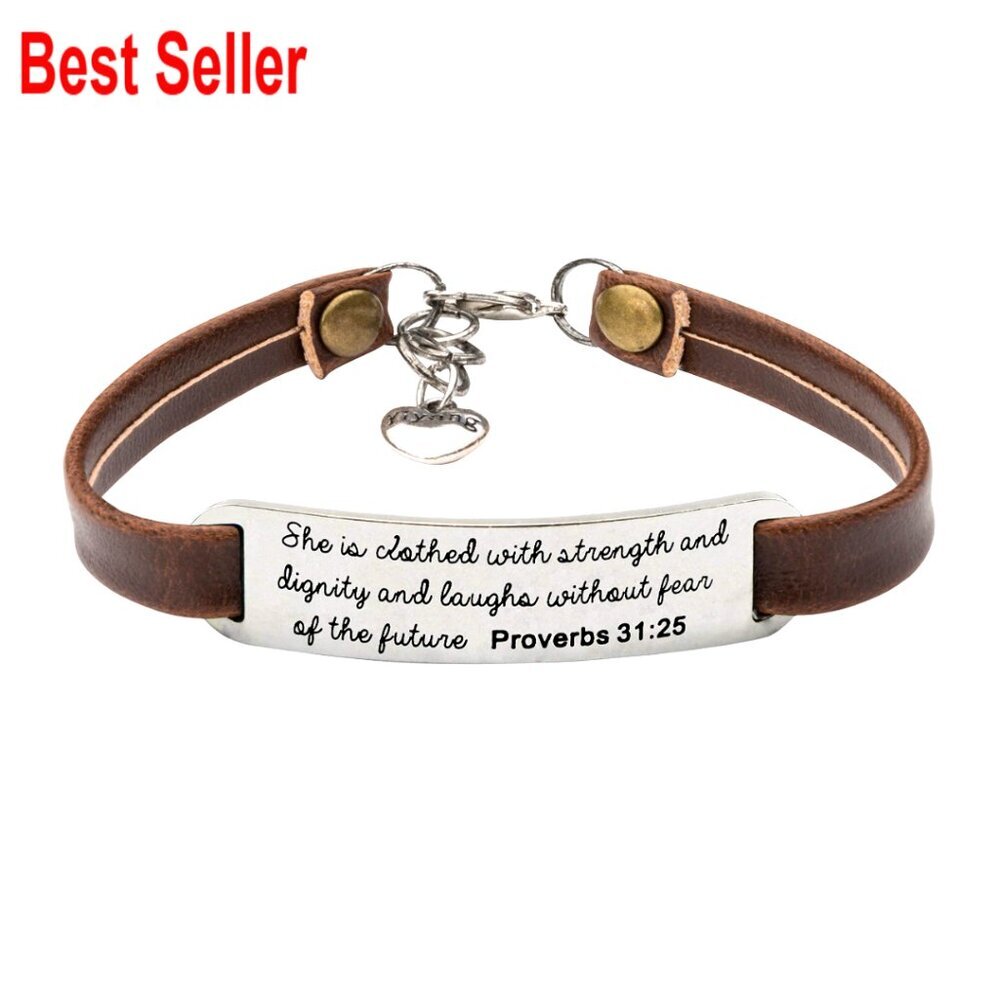 Fengma PU Leather Bracelet with Engraved Brass Plate, Stretch Fit